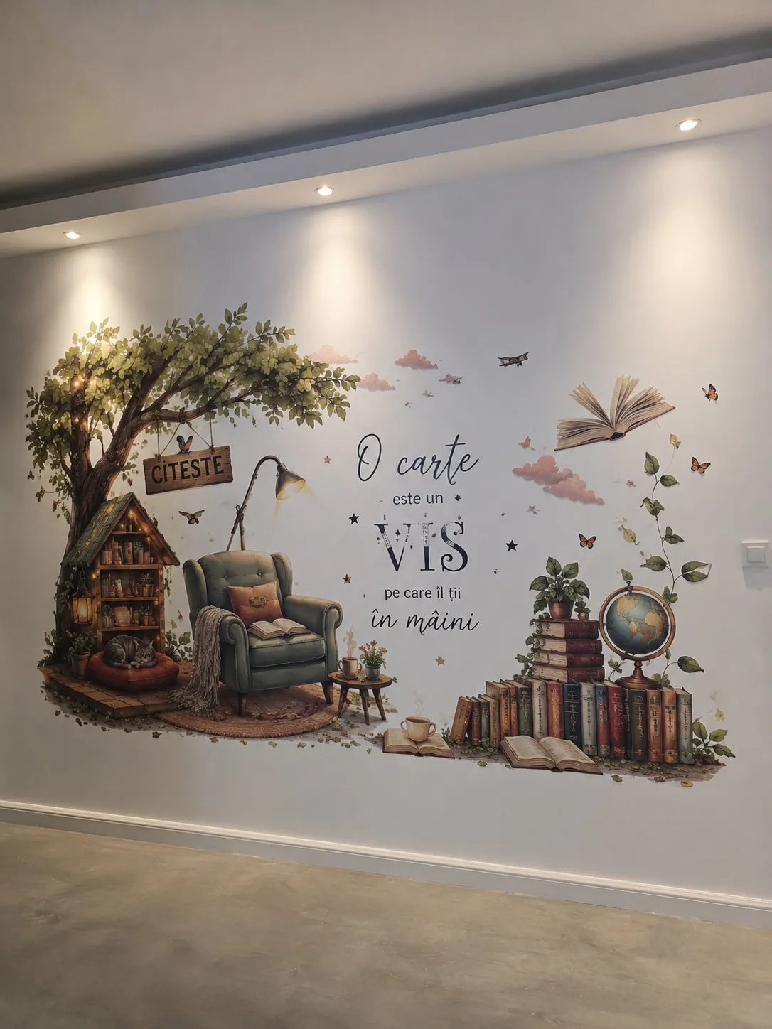 Colț de lectură — „O carte este un vis” — wall printing realizat de LUX PRINT DECOR