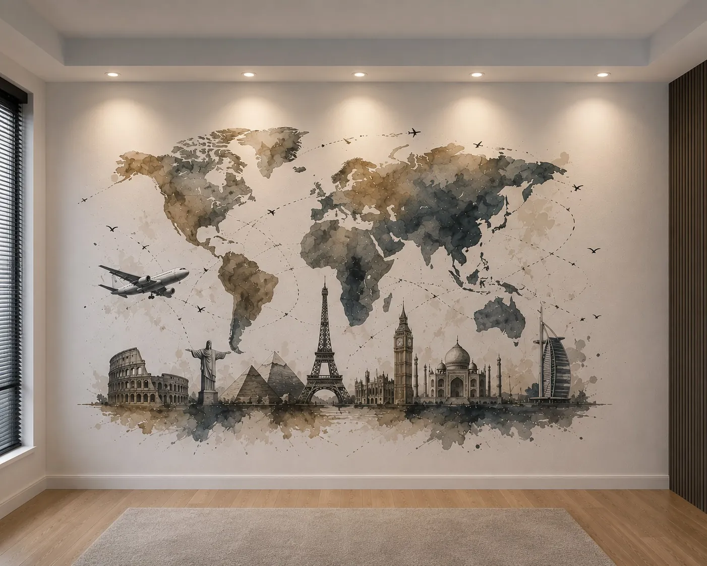 Hartă a lumii cu repere celebre — wall printing realizat de LUX PRINT DECOR